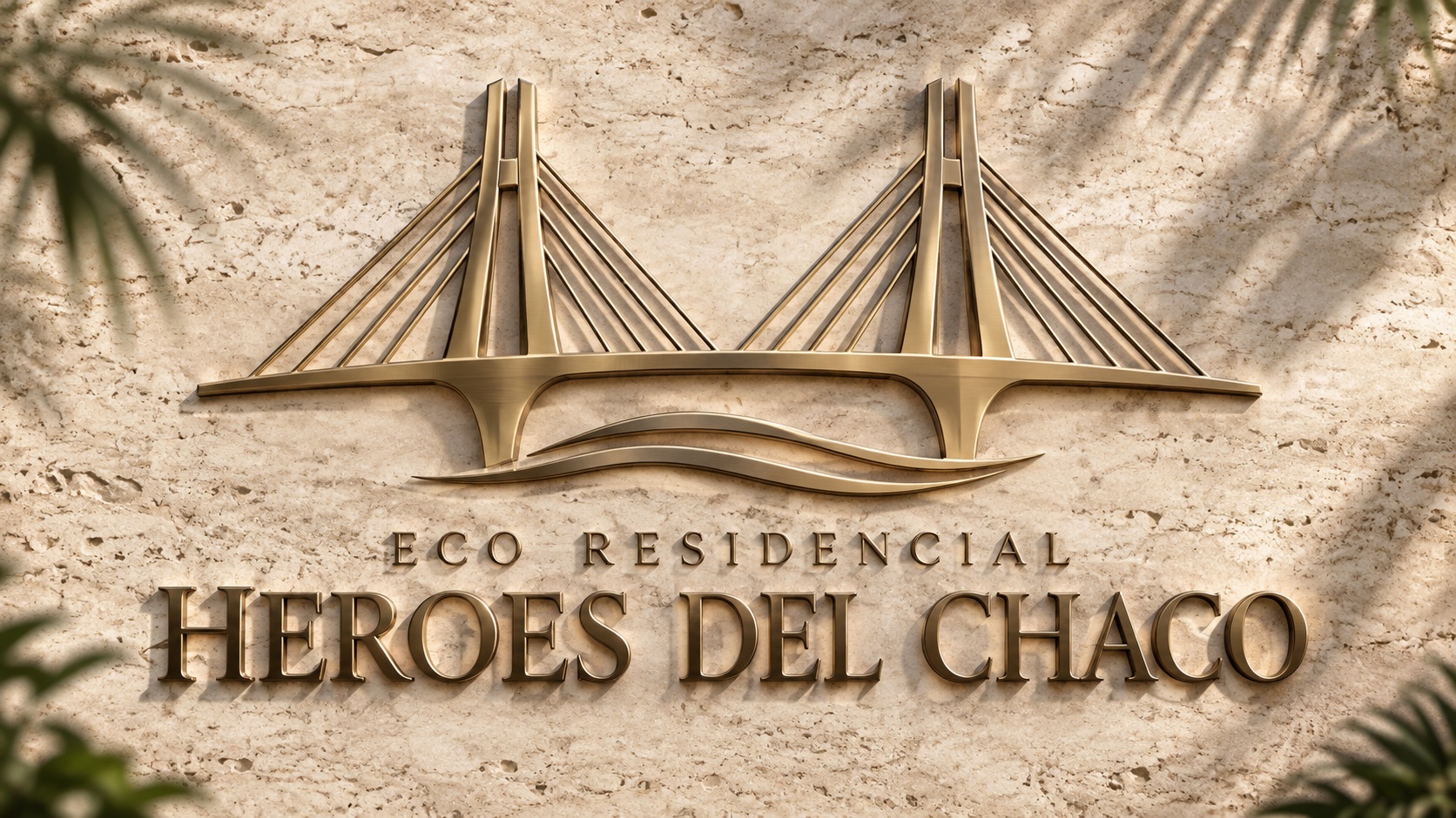 Logo completo Eco Residencial Heroes del Chaco, em bronze sobre travertino