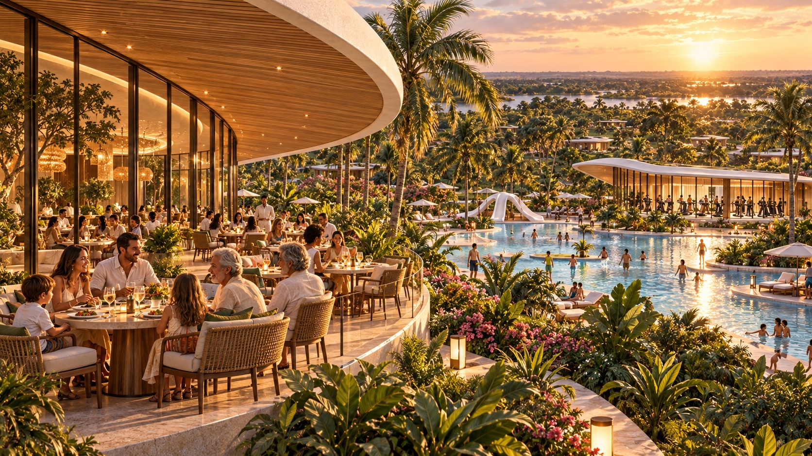Família reunida no restaurante, com vista para a piscina ao pôr do sol